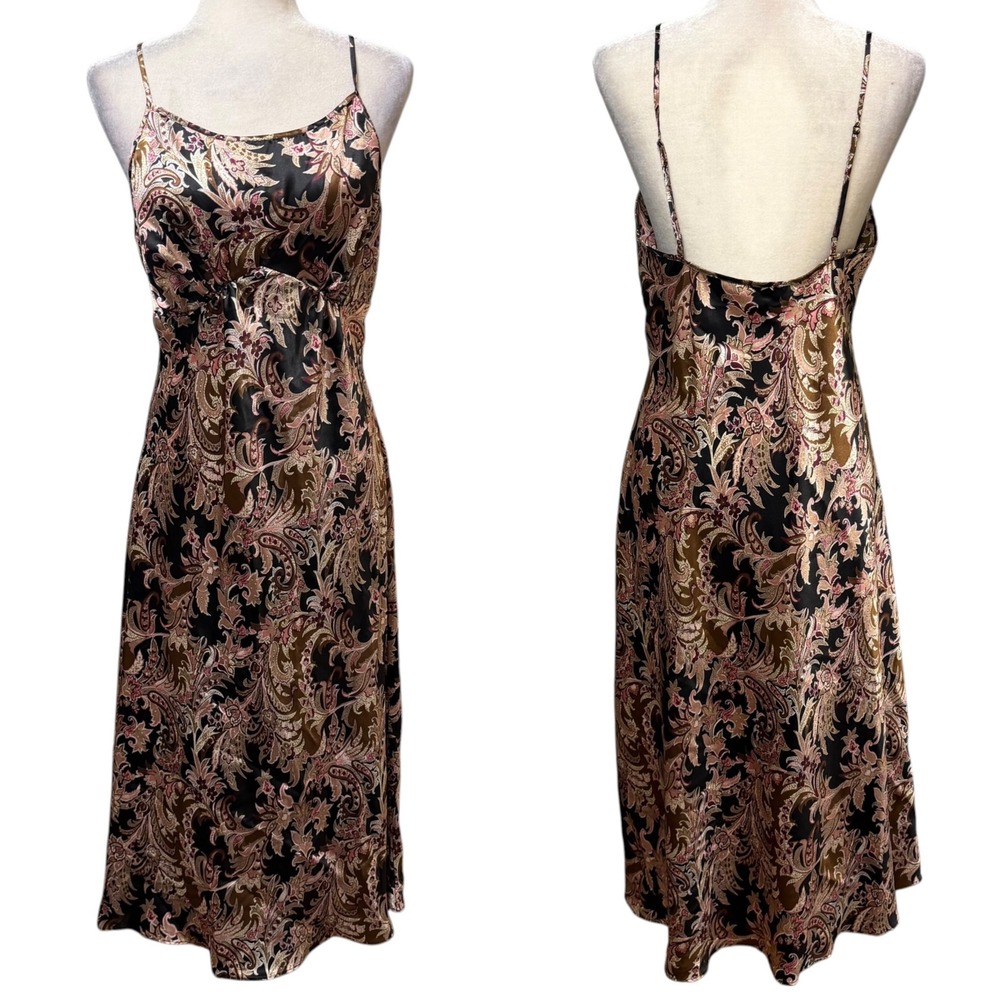 Vtg 90s Y2k Vanity Fair Maxi Satin Slip Dress Womens L Paisley Floral Ethereal